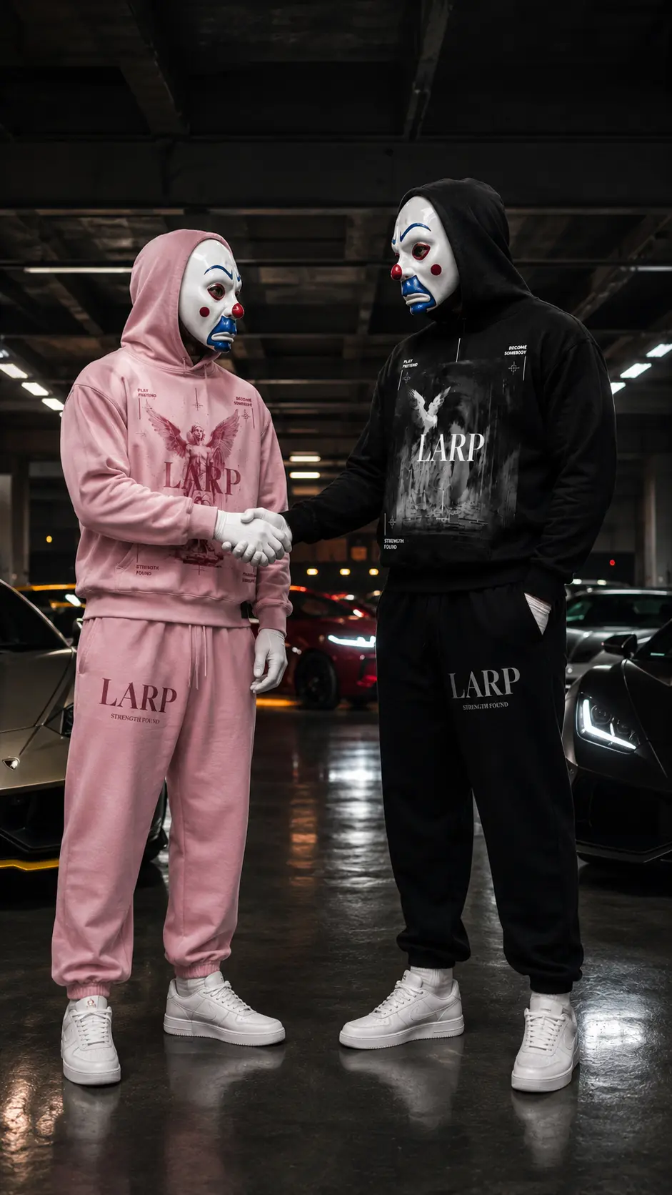 Two figures in LARP masks and tracksuits shaking hands in a supercar garage