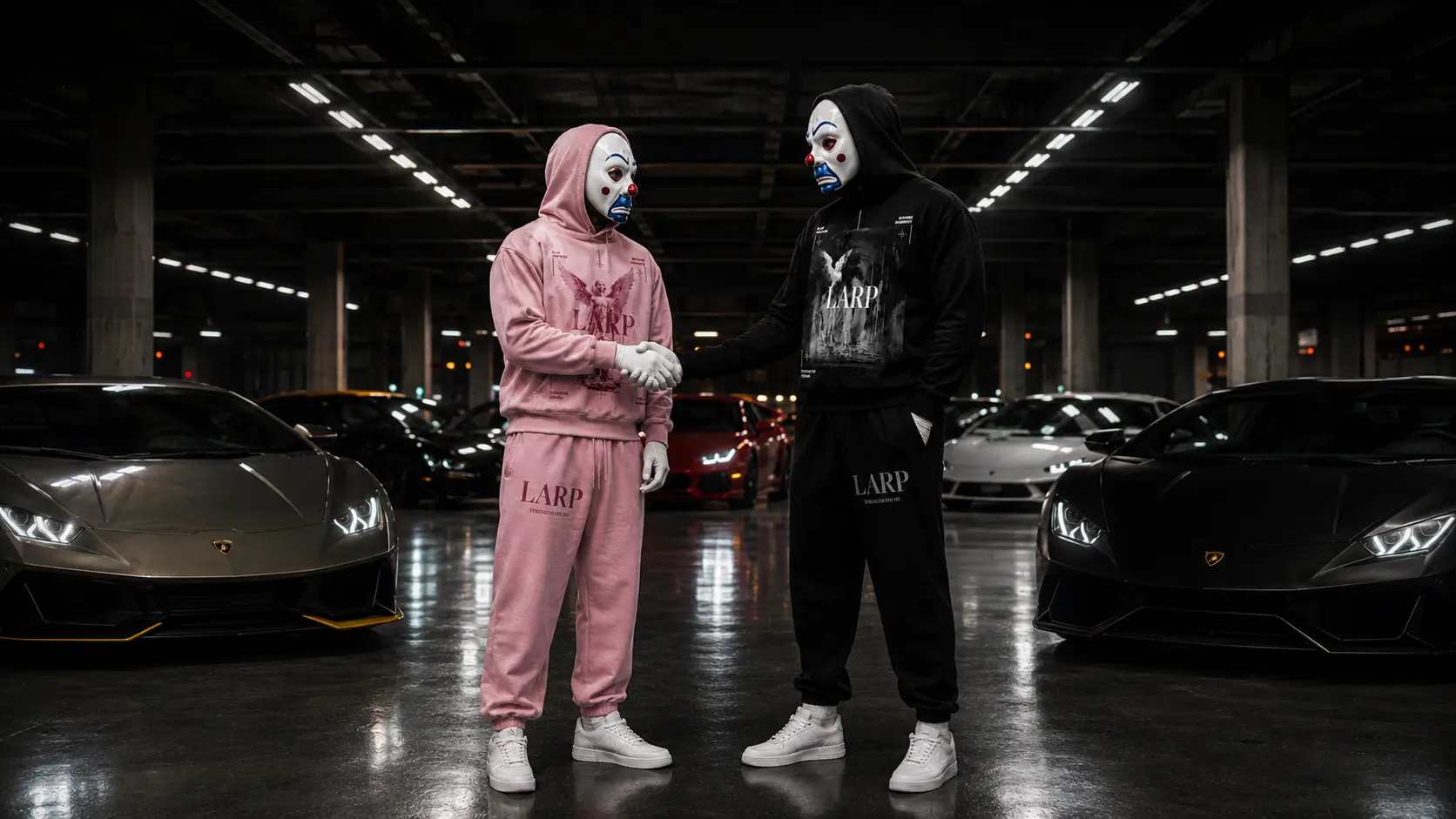 Two figures in LARP masks and tracksuits in a Los Angeles garage